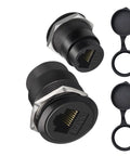 Hella Sleek Cat6 Rj45 Panel Mount Connector With Threaded Bulkhead Coupler in black, designed for 22mm cutouts.