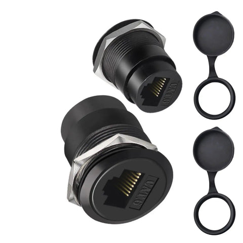 Hella Sleek Cat6 Rj45 Panel Mount Connector With Threaded Bulkhead Coupler in black, designed for 22mm cutouts.