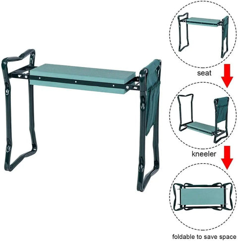 2 In 1 Garden Kneeler Bench With Tools Pouch Folding Garden Stool, foldable bench showing seat and kneeler positions.