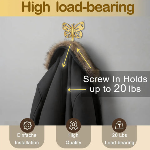 Butterfly Design Heavy Duty Wall Hooks Set For Towel Robe Coat And Keys Gold Brushed Finish 20 Lb Capacity 4 Pack Decorative Wall Hangers holding coat