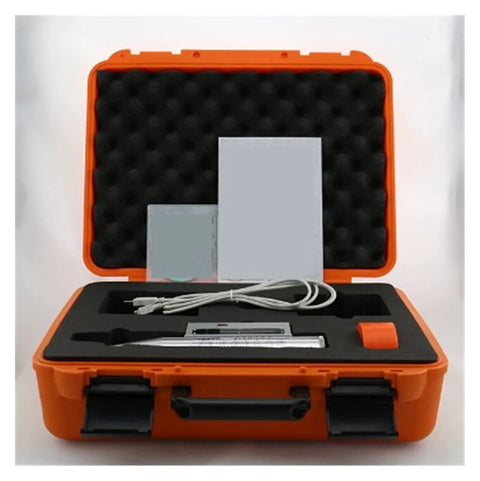 Pro-Grade Wireless Rebound Hammer And Wall Scanner With Voice Prompt And High-Res Digital Display For Bullseye Concrete Compression Checking And Nailing Down Stud Locations Instantly in an orange case with accessories.