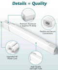 Details of Plug In LED Tube Light Fixture With Linkable Design, 1.4Ft 1800LM 5000K for garage use, showing parts and features.
