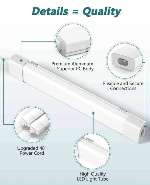 Details of Plug In LED Tube Light Fixture With Linkable Design, 1.4Ft 1800LM 5000K for garage use, showing parts and features.