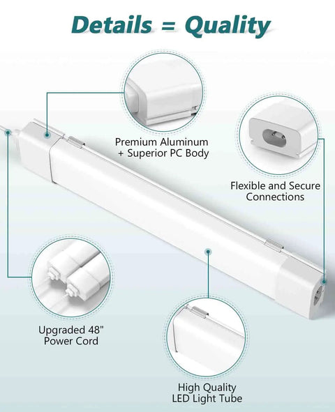 Linkable LED Tube Light Fixture Plug In Two Pack 1800 Lumen 5000 Kelvin Daylight showing aluminum body and power cord