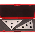 Two solid steel angle plates in a red case; 30-60-90 and 45-45-90 with holes.