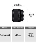 Dimensions of FE 50mm F1.8 Standard Lens For Full Frame E Mount Cameras Dope Bokeh And Crisp Detail Across The Frame Lightweight Compact Build With Aspherical Element For Reduced Aberration.