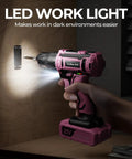 Pink Cordless Drill Set For Women 20V Lightweight Electric Power Drill With Three Eighths Inch Keyless Chuck Includes Power Pack And Charger Womens Tool Kit For Home Diy Projects And Quick Easy Household Fixes with LED work light in use