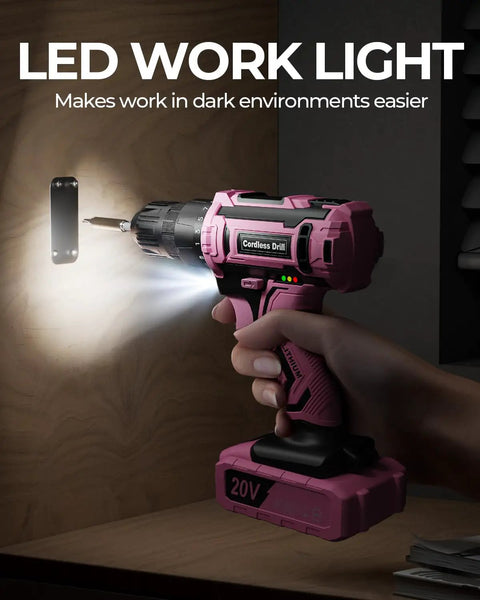 Pink Cordless Drill Set For Women 20V Lightweight Electric Power Drill With Three Eighths Inch Keyless Chuck Includes Power Pack And Charger Womens Tool Kit For Home Diy Projects And Quick Easy Household Fixes with LED work light in use