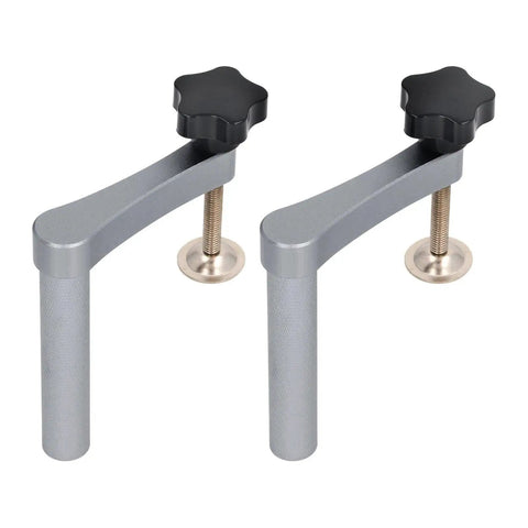 20mm Solid Hold Down Clamp With Hella Tough Grip And Fast Acting Gear Lock For Workbench Saw Holes and stainless steel body with ergonomic knobs.