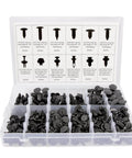 240 Piece Car Bumper Clips Kit With Plastic Rivets And Push Retainers displayed in an organized box with labeled sections.
