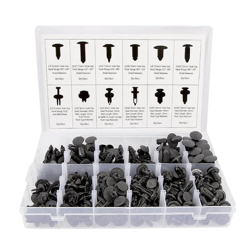 240 Piece Car Bumper Clips Kit With Plastic Rivets And Push Retainers displayed in an organized box with labeled sections.