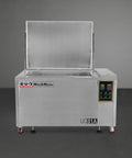 Heavy Duty Industrial Ultrasonic Parts Washer 81 Gallon Tank with a stainless steel finish and open lid, designed for deep cleaning.