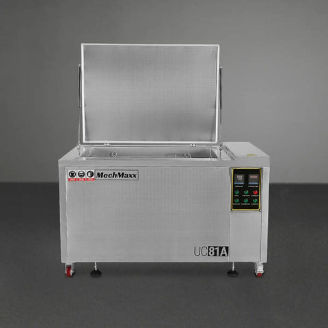 Heavy Duty Industrial Ultrasonic Parts Washer 81 Gallon Tank with a stainless steel finish and open lid, designed for deep cleaning.