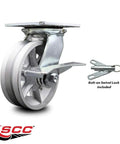 Heavy Duty Six Inch Semi Steel V Groove Caster With Sleek Silver Swivel Wheel And Rock Hard Top Plate Mount showing bolt-on swivel lock.