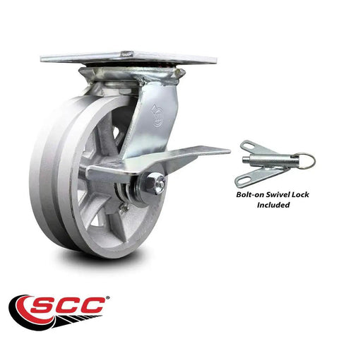 Heavy Duty Six Inch Semi Steel V Groove Caster With Sleek Silver Swivel Wheel And Rock Hard Top Plate Mount showing bolt-on swivel lock.