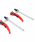 One Hand Ratchet Bench Dog Clamp For Woodworking, Five Eighths Inch Grab And Go Hold Down Clamp For Workbench shown in red.