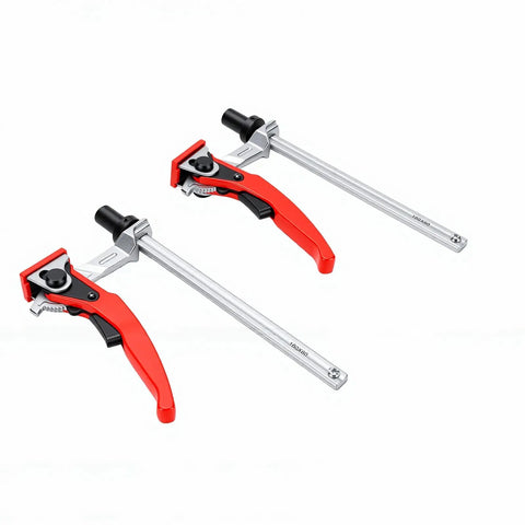 One Hand Ratchet Bench Dog Clamp For Woodworking, Five Eighths Inch Grab And Go Hold Down Clamp For Workbench shown in red.