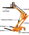Heavy Hitter Foldable Electric Forklift With Hydraulic Material Handler Lightweight Portable Articulated Stacker showing steel frame and hydraulic components.
