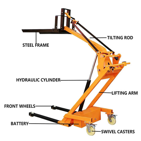 Heavy Hitter Foldable Electric Forklift With Hydraulic Material Handler Lightweight Portable Articulated Stacker showing steel frame and hydraulic components.