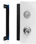 Heavy Duty Door Latch Guard Plate With One Inch Offset Cover To Block Credit Card Shims And Stop Swing Door Prying displayed next to a door.