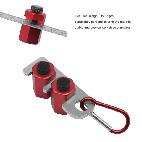 Dead Nuts Accurate Stair Gauge And Framing Square Stop Bracket With Hex Thumb Screw Adjustment For Smooth Lumber Marking And Tough Aluminum Workshop Gear, featuring hex flat design and carabiner.