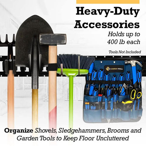 Slick Seven Piece Garage Storage Kit With Four Foot Steel Rail Two J Hooks Bungee Tie Down Strap And Hanging Pocket Tool Organizer For A Hella Sturdy Home Workshop Setup That Really Knocks Out The Clutter