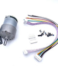 DC 12V Reduction Gear Motor Featuring Optical Encoder For Dead On Precision Tuning And 20 To 1 Ratio with connected wires and mounting hardware.