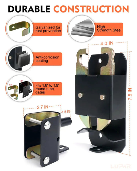 Heavy Duty Two Way Farm Gate Latch With Self Locking Nut Black Lockable Fence Latch For Livestock Corrals, shown with dimensions.
