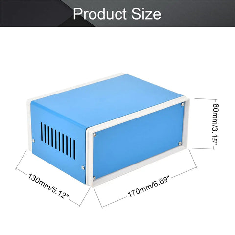 Heavy Duty Blue Metal Enclosure Box Built Tough For Diy Electronics Projects And Custom Circuit Housing With Zero Fuss Assembly And Scratch Resistant Finish, side view showing dimensions 170x130x80mm.