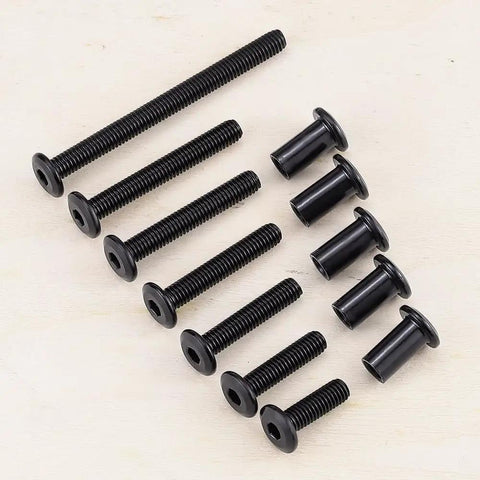 Top Shelf Heavy Duty 1/4-20 X 2 Inch Furniture Connector Bolts And Barrel Nuts Kit With Hex Key In Black 304 Stainless Steel, set of 10 bolts and nuts.