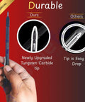 Close-up of Tough As Nails Tungsten Carbide Scribing Pen highlighting upgraded tip, held in hand against a red background.