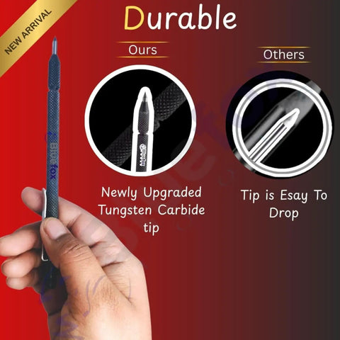 Close-up of Tough As Nails Tungsten Carbide Scribing Pen highlighting upgraded tip, held in hand against a red background.