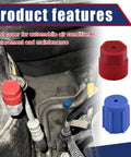 Hella Durable R134a AC Service Port Caps Set Of Ten Includes Five Red And Five Blue Valve Covers with seals on AC lines.