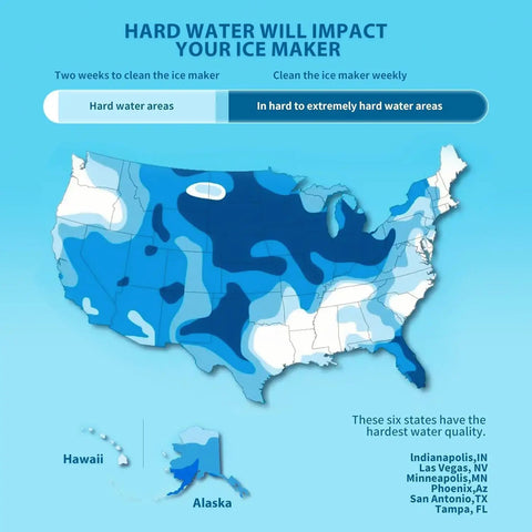 Map showing hard water impact areas in the U.S. for Chewable Nugget Ice Maker Countertop With One Touch Operation, Self Cleaning, Fast Ice Making Up To 34 Lbs Per Day, Perfect For Office, Home Or Bar, Slick Silver.