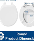 Quiet Slow Close Toilet Seat With No Slip Heavy Duty Wood, Easy Install, Round White, dimensions diagram with measurements