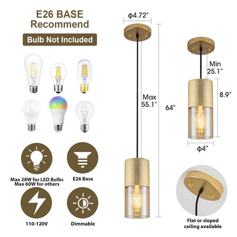 Dope Gold Pendant Lights 3 Pack Mini Modern Amber Glass Fixtures with E26 base, adjustable height, bulb display, and gold finish detail.
