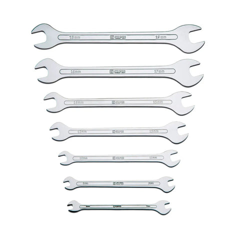 Set of 7 Ultra Thin Open End Wrench Set, Metric 6 To 19 Mm, with Super Low Profile Heads for Tight Clearances