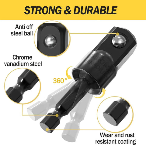 Four Piece Power Drill Sockets Adapter Set With 360 Degree Rotatable Extensions For One Quarter Inch Three Eighths Inch And One Half Inch Impact Grade Driver Sockets Right Angle Drill Bit Hex Socket Adapters Extension And Bit Kit