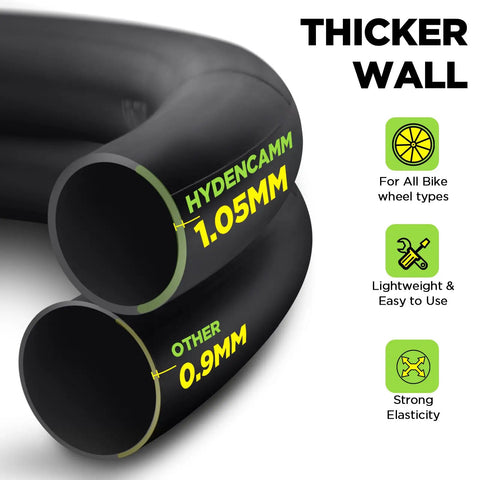 Two Pack 700c Road Bike Inner Tubes 700x20c To 700x25c With 42mm Presta Valve Butyl Rubber Includes Two Tire Levers For Quick Reliable Spare Tubes On Every Ride, highlighting thicker 1.05mm wall compared to 0.9mm