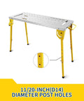 Hella Badass Portable Welding Table With Adjustable Height And Three Angle Positions Folding Workbench On Wheels 500 Pound Capacity with yellow legs and slotted surface.
