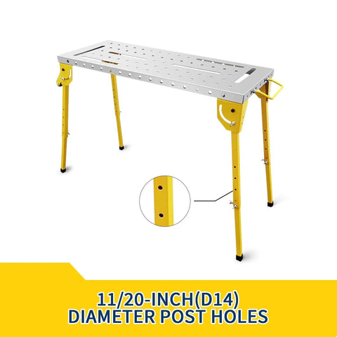 Hella Badass Portable Welding Table With Adjustable Height And Three Angle Positions Folding Workbench On Wheels 500 Pound Capacity with yellow legs and slotted surface.