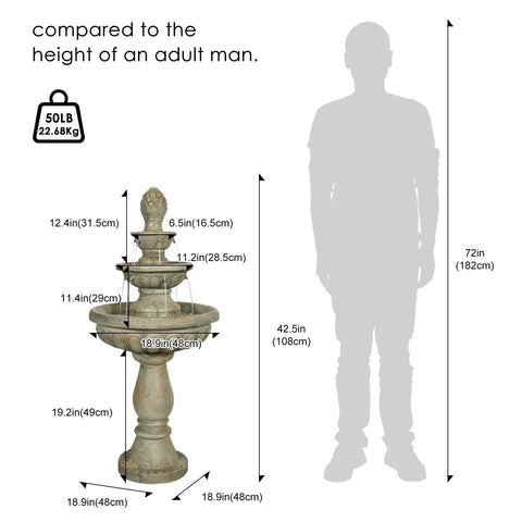 42.5 Inch Outdoor Water Fountain With 3 Tier Cascading Waterfall In Fiber Reinforced Concrete For Garden Patio Backyard And Lawn Decor A Chill Big Outdoor Water Feature For Your Home Oasis shown next to silhouette of an adult man for scale.