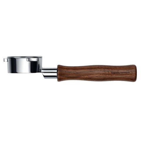 54mm Bottomless Portafilter With 18G Basket And Genuine American Walnut Handle For Breville Sage Barista Express And Other 54mm Machines Naked Extraction For Troubleshooting Channeling And Uneven Tamp side view