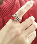 Red Agate Stone V Shape Chevron Ring In Retro Stainless Steel 8mm Wide Band With Natural Quartz Crystal Gem Dope Statement Jewelry