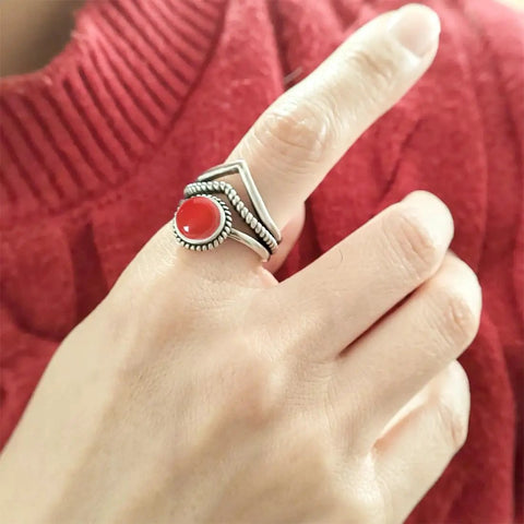 Red Agate Stone V Shape Chevron Ring In Retro Stainless Steel 8mm Wide Band With Natural Quartz Crystal Gem Dope Statement Jewelry