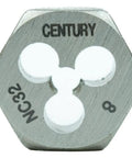 Close-up of NC32 die from Pro-Grade 12-Piece Machine Screw And Fractional Tap And Die Set With Five Eighths Inch Across Flats T-Handle Tap Wrench