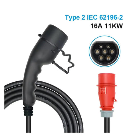Road Trip Ready Portable EV Charger With Type 2 Connector And 11KW Output featuring a close-up of Type 2 plug and cable connections.