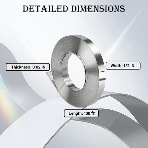 Super Heavy Duty Stainless Steel Strapping Kit With Manual Tensioner Tool And One Hundred Rugged Steel Banding Buckles dimensions: 0.02in thick, 1/2in wide, 100ft long.