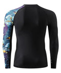 Back view of Mens Rash Guard Long Sleeve With UV Protection UPF 50 Plus For Men Moisture Wicking Quick Dry Four Way Stretch Swim Surf Gym Wear Built For Comfort In All Weather Pool Beach Or Outdoor Training with black and patterned sleeve