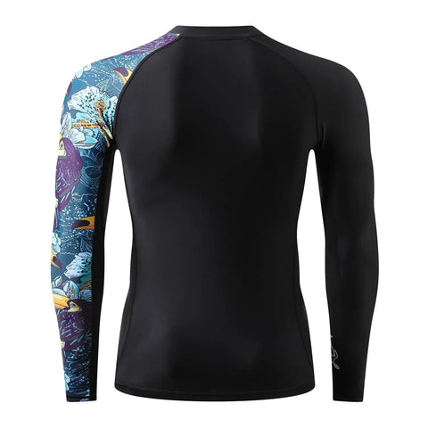Back view of Mens Rash Guard Long Sleeve With UV Protection UPF 50 Plus For Men Moisture Wicking Quick Dry Four Way Stretch Swim Surf Gym Wear Built For Comfort In All Weather Pool Beach Or Outdoor Training with black and patterned sleeve